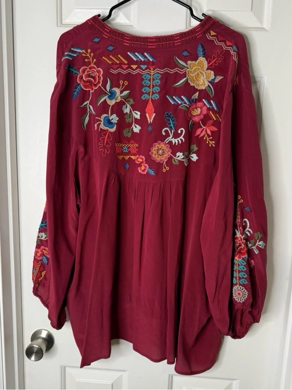 Johnny Was Burgundy Embroidered V-Neck Boho Tunic - Picture 5 of 5